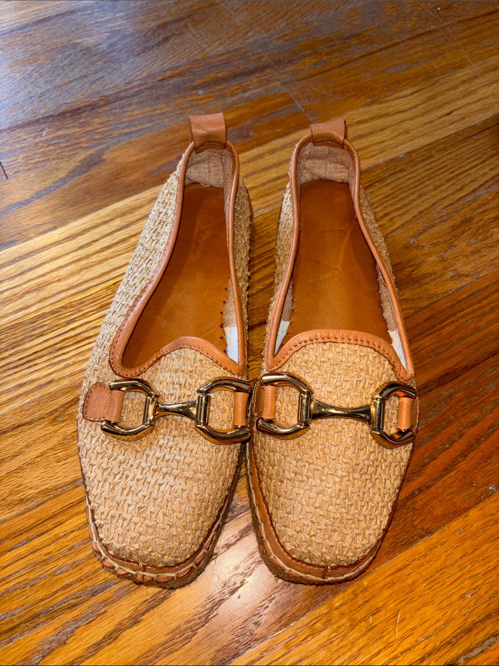 Lizzy Women's Tan Woven Slip-On Loafers with Gold Hardware